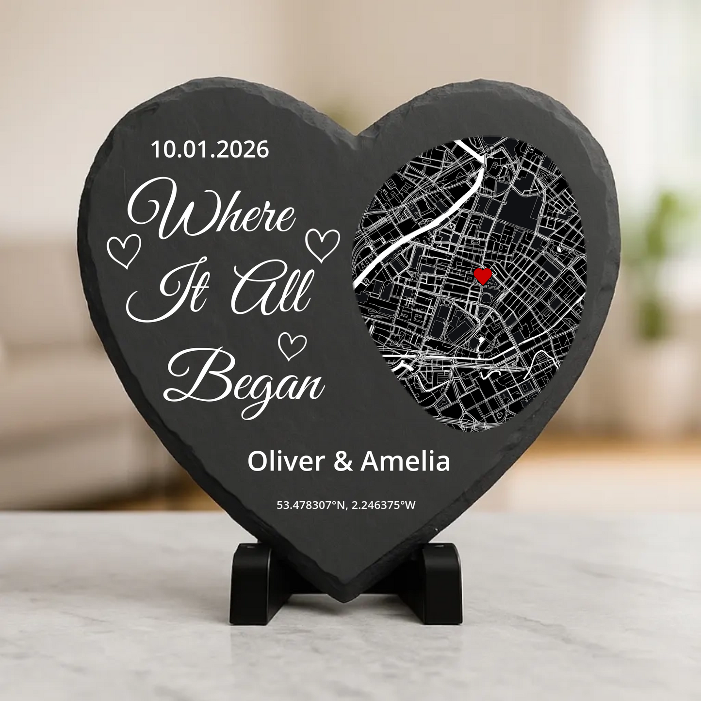 Where it all began - Personalised slate heart (20x20cm)
