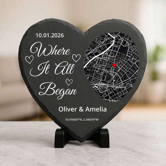 Where it all began - Personalised slate heart (20x20cm)